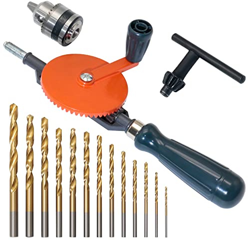 CheeMuii Powerful Speedy Hand Drill 1/4 Inch Manual Drill with 13 Pcs Drill Bit Set Chuck and Key for Wood Plastic Soft Metal