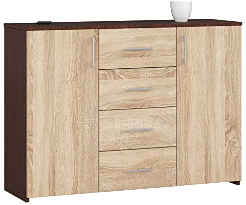 AKORD Kommode K45 110 cm | mit 2 Türen und 4 Schubladen | Schrank | für das Wohnzimmer | für das Schlafzimmer | B110 x H80 x T35 cm | Gewicht 48,00 kg | Wenge/Sonoma Eiche