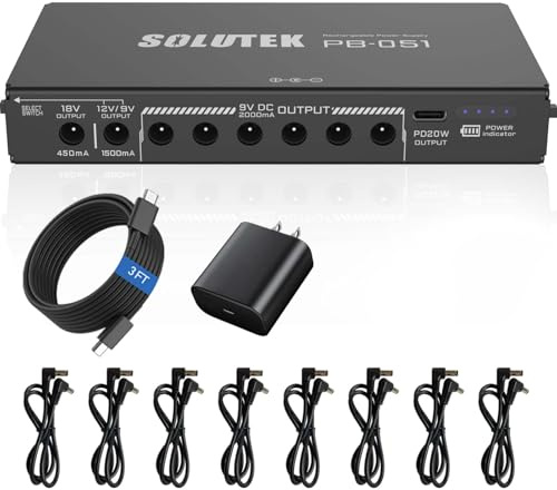 Solutek Rechargeable Guitar Pedal Power Supply 12800 10 Outputs High Current 2000mA 9V 12V 18V 5V for Pedal Board and Other Devices | Convenient, Quiet, Powerful and Compact