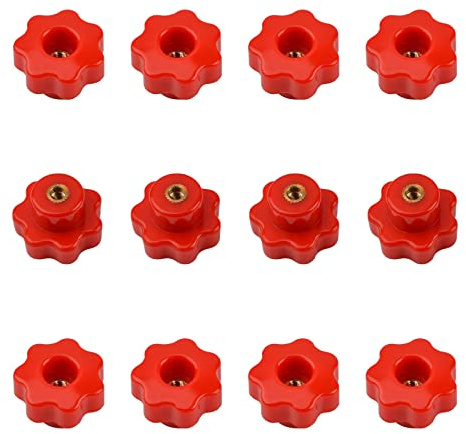 MOROBOR M4 Pomo pasante, 12 uds. plástico rojo, tuerca roscada hembra de latón, pomos manuales en forma de estrella, pomo de sujeción con mango atornillado para equipos mecánicos