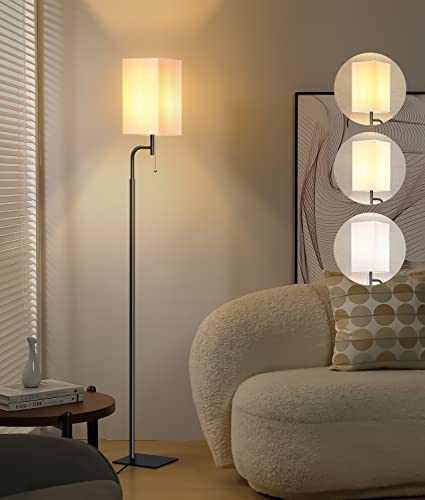 Iporovon Modern Floor Lamps with 3 Color Temperatures, Minimalist Pole Lamp with Square Linen Shade & Flat Base for Living Room, Bedroom, Office or Kids Room
