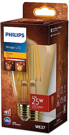 Philips ampoule LED vintage ambrée, 25W, culot E27, format Edison, blanc chaud 1800K, non dimmable