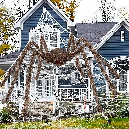 iZoeL XXL Halloween Deko 700cm Riesige Spinnennetz+ 200cm Graue Spinne +Spinnweben+ 30 Mini Spinne, Halloween Garten Deko Außendekoration Riesenspinne(Braun)