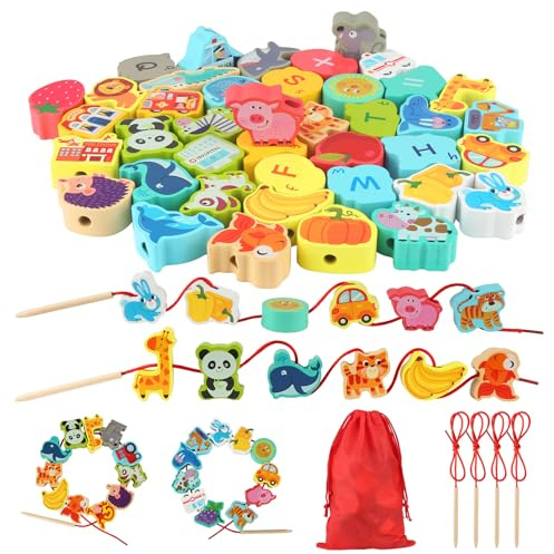 42Pcs Toddler Threading Toys, Wooden Montessori Toys for 3 Year Olds Girls Boys, Fine Motor Skills Toys for 5 Year Olds, Educational Learning Toys Gifts Toddler Threading Beads Crafts Activities
