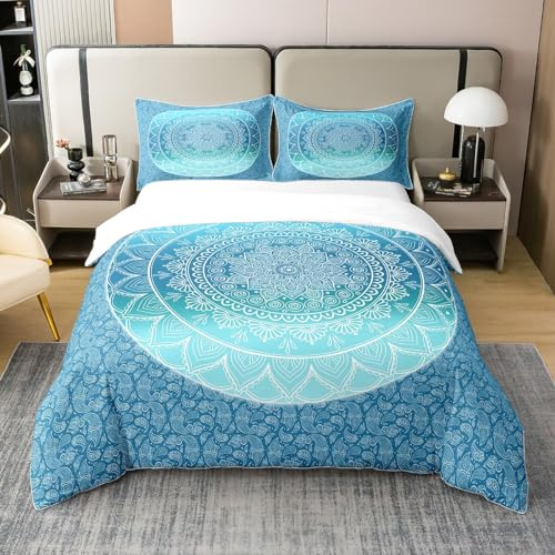 Loussiesd Mandala Bettwäsche Set 135x200cm 100% Baumwolle Böhmen Blumen Paisley Bettbezug Set für Kinder Mädchen Bohemia Atmungsaktiv Betten Set inkl.1 Kissenbezüge 80x80 cm,Blau