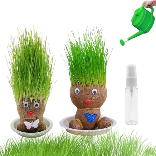 2Pcs Planta De Muñeca con Cabeza De Hierba En Macetas Bonsai Mini con Bandeja (M2)