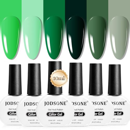JODSONE 10 ml Green Gel Nail Polish 6 Pcs Gel Nail Polish Set All Seasons Neutral Soak off U V Lamp Manicure Set for Nail Art Collection St. Patrick's Day Gift for Her