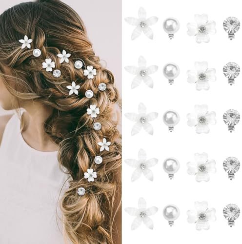 20 mini horquillas con flores, horquillas con perlas y diamantes de imitación, accesorios para el cabello para mujeres y niñas, ideales para uso diario, fiestas y bodas (blanco)