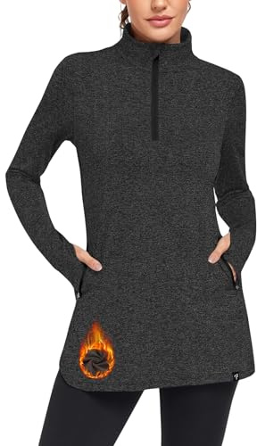 Soneven Fleecepullover Damen Sport Thermo Sweatshirt Winter Laufshirt Langarm Funktionsshirt 1/4 Zip mit Daumenloch Taschen Fleece Sportshirt Lang Outdoor Wandern(Schwarz,S)