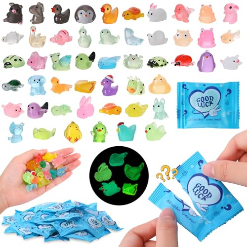 GSrenyu 50 Pcs Mini Glow Resin Animals Blind Bags,Small Resin Animals Mixed | Tiny Plastic Animal Figures Toys Glow in The Dark for Party Favors, Treasure Hunt Games, Dollhouse Decor, Mini Garden Landsca