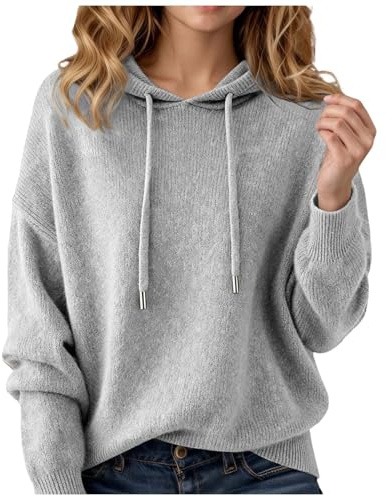 Women's Cashmere Blend Hooded Jumper UK, Merino Wool Loose Fit Thermal Pullover, Lightweight Long Sleeve Knit for Festive Winter & Casual Daily Outings Grey