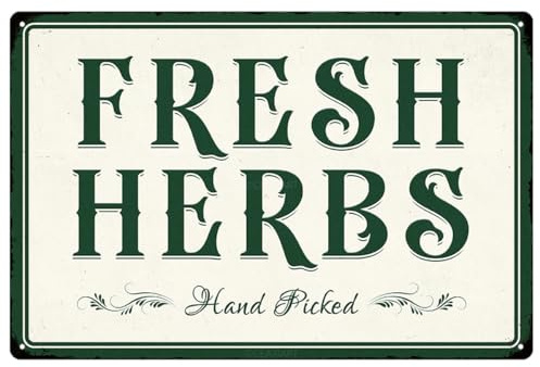 Fresh Herbs Tin Sign Vintage Metal Signs Retro Garden Decorations Green Plant Floral Printing Poster Hanging Plaque for Home Yard Patio Farmhouse Outdoor Wall Decor 12x8 Inches