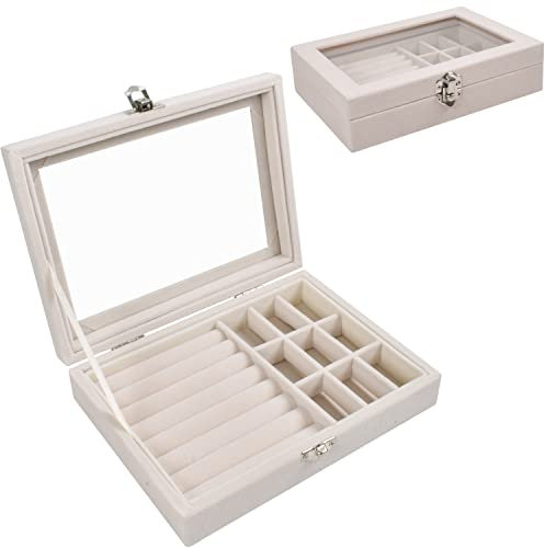 Scatole Portagioie, 9 Griglia Scatola Porta Gioielli con Coperchio, Portatile Organizzatore di Gioielli in Velluto, Scatola di Gioielli con Serratura per Orecchini Collane Anelli Orologi (Beige)