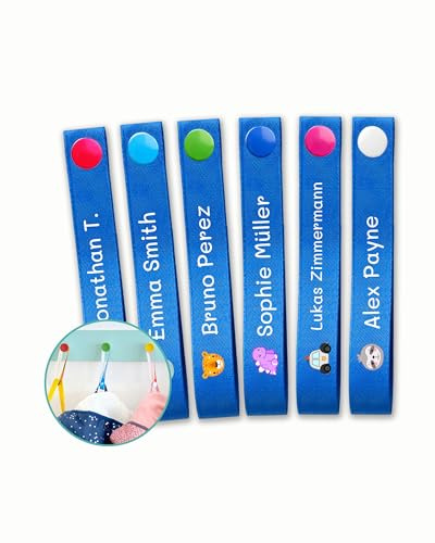 6 Cintas para Colgar Ropa sin Coser. Colgadores Personalizados con Nombre para Colgar Chaquetas y Batas de los niños en el Cole y guardería. Etiquetas de Tela con botón.