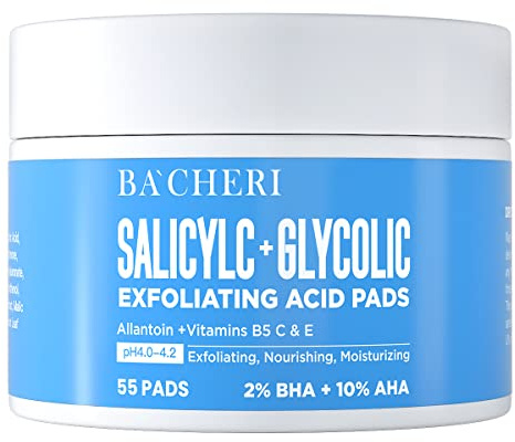 10% Glycolic Acid + 2% Salicylic Acid Peel Pads - BACHERI Resurfacing Pads For Face with Vitamins B5, C & E, Allantoin - Exfoliating Facial Peel for Dark Spots, Blackhead, Acne, 55 Pcs