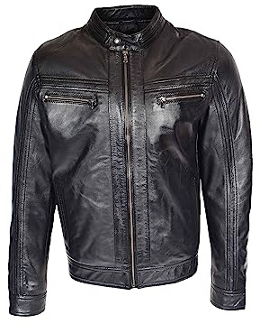 Veste de motard en cuir véritable pour homme Style décontracté Cafe Racer Noir, Noir , XXL