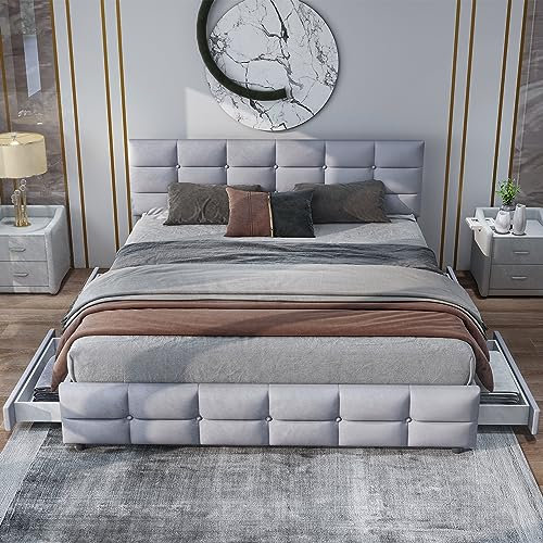 DRIXNO Bett 180x200 mit 4 Schubladen Betten mit Lattenrosten Polsterbett Multifunktionsbett Gray Hautfreundlichem Samtstoff