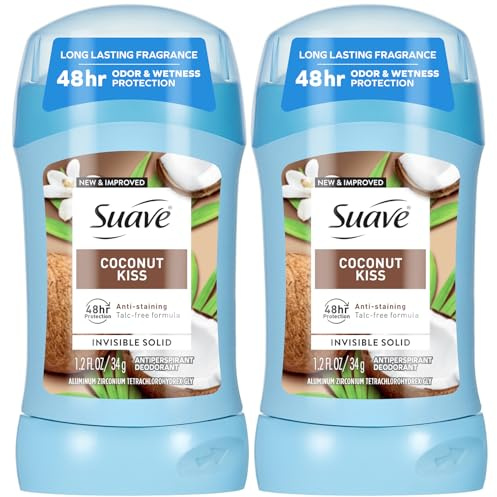 Suave Antiperspirant Deodorant for Women, Coconut Kiss 2-Pack – Anti-Staining Invisible Solid Sticks, Talc-Free, 1.2 Oz Ea
