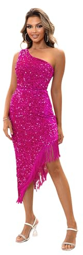 FakeFace Robe Moulante à Paillettes à Une Épaule Femme Robe en Franges à Ourlet Asymétrique Robe De Cocktail Chic et Élégant pour Fête Mariage Bal