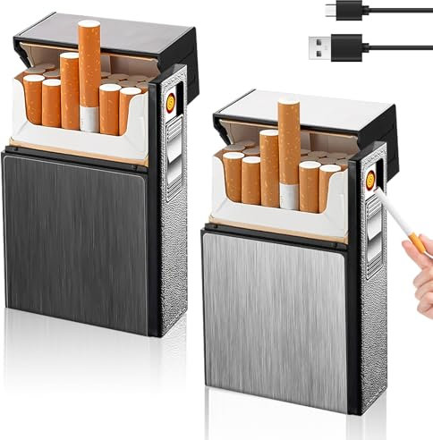 2 portasigarette con accendino: accendino tempesta, scatola per sigarette in alluminio 2 in 1 con accendino elettronico ricaricabile, accendino a gas, può contenere 20 barili (venduto senza gas)