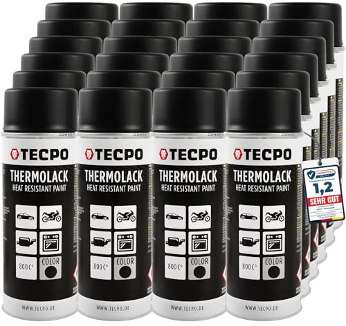 TECPO Vernice spray termica, 24 x 400 ml, vernice per pinza del freno, vernice di scarico, resistente al calore, ad asciugatura rapida, nero opaco, protegge dalla ruggine