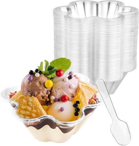 LATERN 60 Stück Desserttassen aus Kunststoff mit Löffeln, 240ml Blumenmotiv Dessertbecher Transparente Parfait-Vorspeisenbecher Wiederverwendbare Servierschüsseln für Nachtisch Pudding Mousse Party