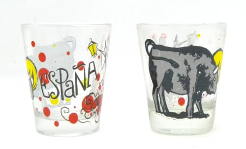 WONDERFUL 2 Vasos de Chupito 40ml España, Diseño Artístico con Toro y Puntos Decorativos, Set de 2, Cristal