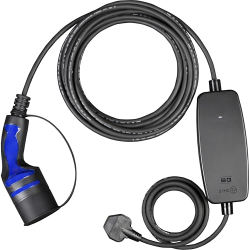 Sync Energy EV Charging Cable for Electric and Hybrid Vehicles, 5 Metres, Mode 2, 3 Pin UK Plug to Type 2 Car Charger, BG Sync EV, IP65, 2.4kW, EVCM22135
