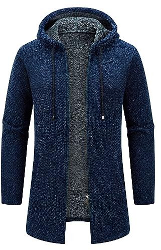 KUDORO Cardigan Gilet Homme Long à Capuche Zippé Cardigan en Tricot Hoodie Épais Polaire Chandail Sweats à Capuche(Bleu Marin,M)