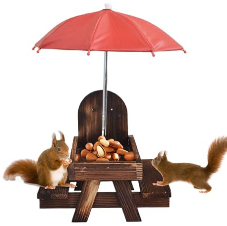 Rrlihjgu para Ardillas al Aire Libre | Mesa de Picnic con Paraguas, Soporte para Comer maíz y Vida Silvestre, Espacio de Actividad en Madera para jardín, terraza, balcón, Patio, observación