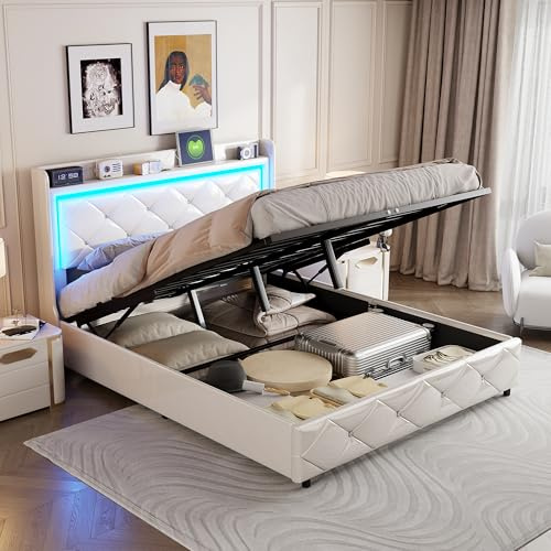 JYNVO Vit klädselsäng 140 x 200 cm med USB-laddningsportar och belysning, förvaringssäng med hydraulisk lyft, vit PU-lädersäng, dubbelsäng, ungdomssäng med ribbotten, utan madrass (140 x 200 cm)
