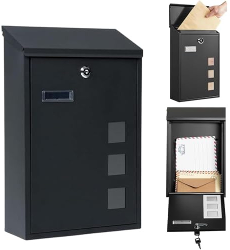 Greenfields ® Post Boxe Wall Mounted Nameplate & 3 Viewing Windows, Post Box with 2 Keys, Lockable Weatherproof Large Letter Postal Boxes for Outside Home Office 40H x25W x10D Cm - Black