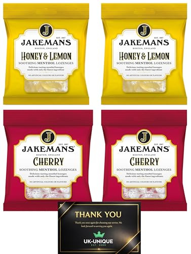 Jakemans Menthol Cough Drops Bundle of 4 | 2 x Lemon & Honey | 2 x Cherry | Soothing Herbal Lozenges for Sore Throat | Natural Vapour Action Hard Candy (4 Pack)