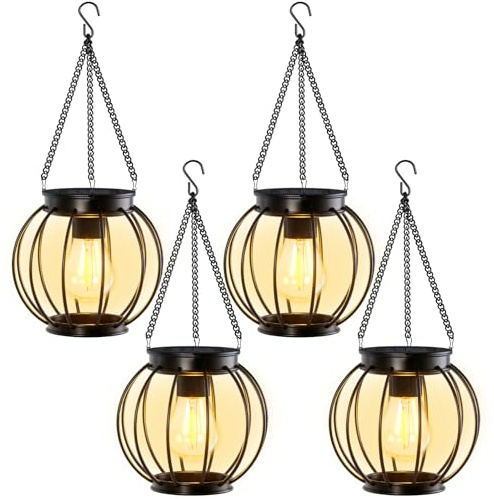 OUTONLIFE Lanterna Solare da Esterno, Metallo Impermeabile, LED Bianco Caldo, Accensione/Spengimento Automatico, Lanterna Decorativa Luminosa per Giardino, Patio, Cortile, Veranda, 4 Pezzi
