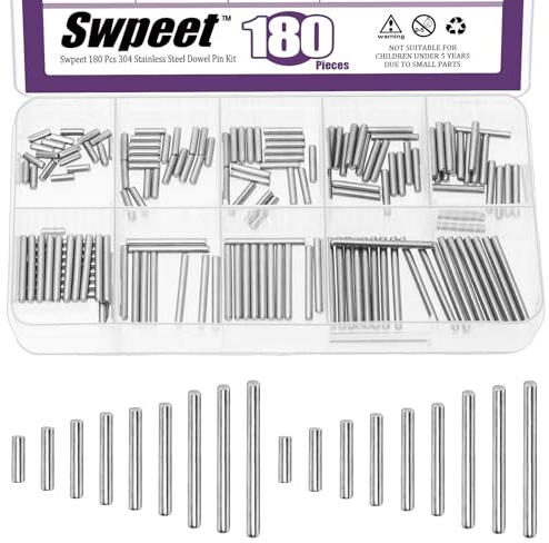 Swpeet 180Pcs 9Sizes M2 304 Stainless Steel Dowel Pin Assortment Kit, Cylindrical Shelf Support Peg Pin Rod Fasten Elements for Maintenance and Connection (with A Storage Box )