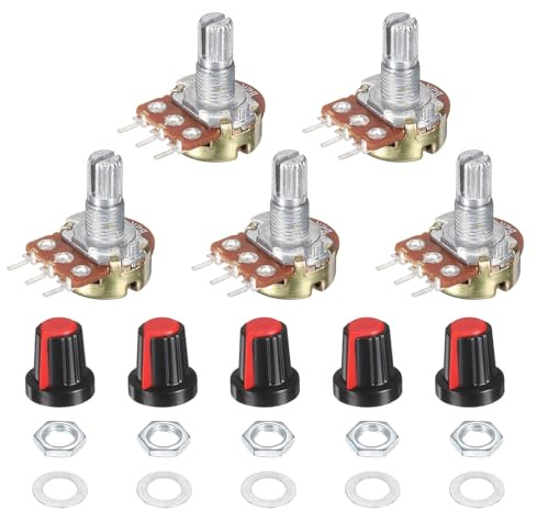 sourcing map 5 Set WH148 5K Potentiometer Kit, Ohm Variable Resistor Linear Taper Adjustable Rotary Potentiometer for Audio Applications Devices with Plastic Knobs Nuts and Washers, Red