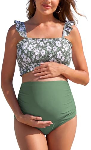 SHEKINI High Waisted Maternity Swimsuit Bandeau Ruffle 2 Pieces Bikini Set | Floral Smocked Padded Top, Detachable Straps, Ruched Bottom, Pregnancy Swimming Costume