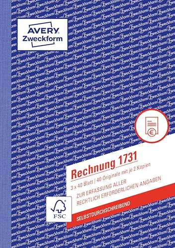AVERY Zweckform 1731 Rechnung (A5, 3x40 Blatt, selbstdurchschreibend mit farbigen Durchschlägen, zur Erfassung aller rechtlich erforderlichen Angaben) weiß/gelb/rosa