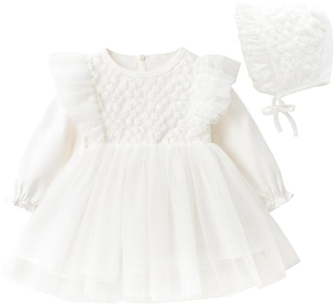 Curipeer Baby Girl Casual Lace Ruffle Dress Long Sleeve Infant Baptism Flower Dress White 6-12 Months