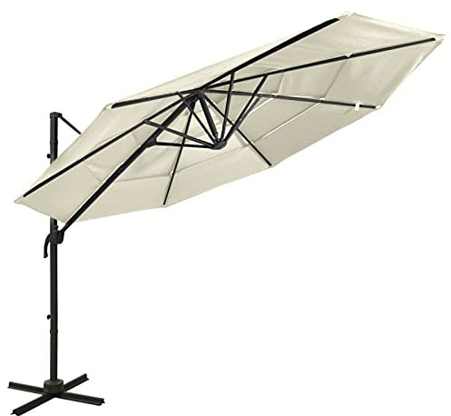 Tidyard Sombrilla de Jardín Sombrilla de 4 Niveles con Poste Aluminio Arena 3x3 m,Parasol de Aluminio Inclinable con Techo de Ventilación y Manivela para Terraza Balcón Exterior Café