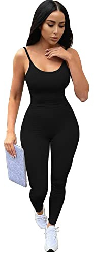 RPAEOY Tuta Intera Donna Spaghetti Aderente Tutina Sexy Elegant Sportiva Jumpsuit Elastica Senza Manica Romper Bodysuit Pantaloni Per Yoga Gym Fitness Esercizio Clubwear Nero S