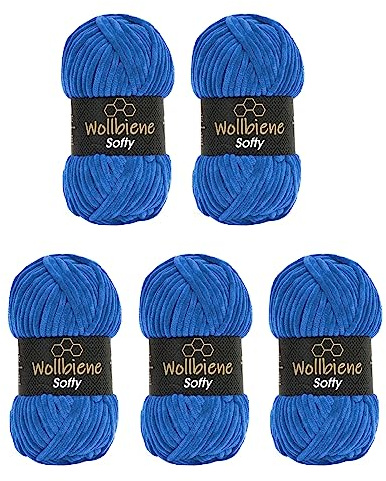 Wollbiene Softy 5 x 100 Gramm chenille wolle zum häkeln Strickwolle, Babywolle, 500 Gramm Chenille Wolle Super Bulky crochet yarn (cerulean blau 38)