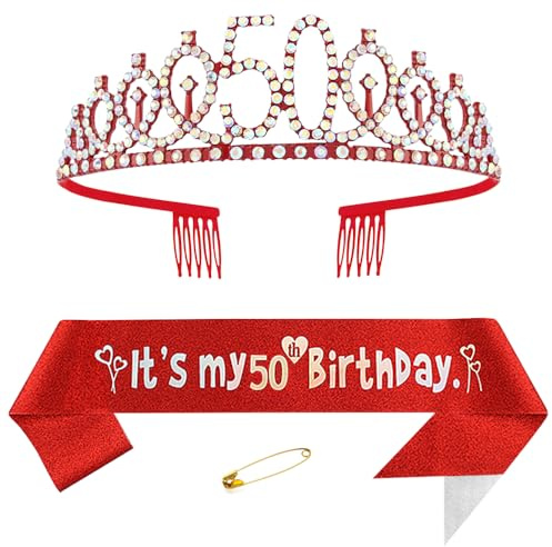 50. Födelsedagskrona och skärp för damer kristall drottning tiara prinsessa krona röd födelsedag skärp 50-talet födelsedagskrona kvinna födelsedagsskärp kvinnor födelsedag dekoration