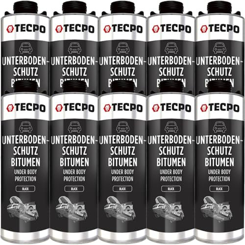 TECPO 10x Bitumen Unterbodenschutz schwarz, 1 Liter Steinschlagschutz UBS Autolack Rostmittel Korrosionsschutz mit Anti-Dröhn-Wirkung in Saugdose 1L