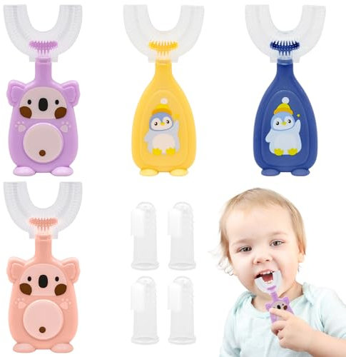 VEGCOO 4 Stück Zahnbürsten für Kinder, U-Form, Babyzahnbürste aus Silikon, 360 ° Mundreinigung, mit 4 Fingerzahnbürsten, für Jungen und Mädchen von 2 bis 6 Jahren