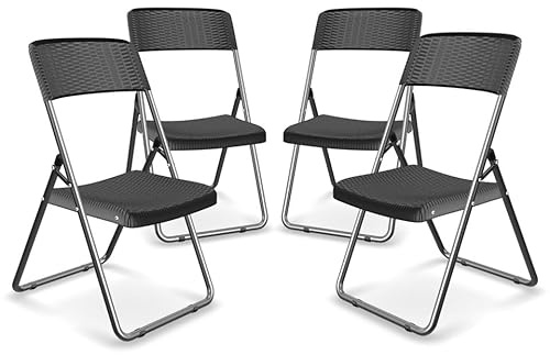 URBNLIVING Modern Rattan Effect Metal Comfortable Folding Chairs for Outdoor Indoor Furniture Dining Bistro Chairs (Set of 4)