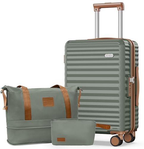 SHOWKOO Koffer Groß Leicht Hartschale 100% Polycarbonate Erweiterbar Reisekoffer Große Kapazität Hartschalenkoffer Set Trolley Handgepäck Enthält 1 Reisetasche und 1 Kulturbeutel, XL-Armeegrün