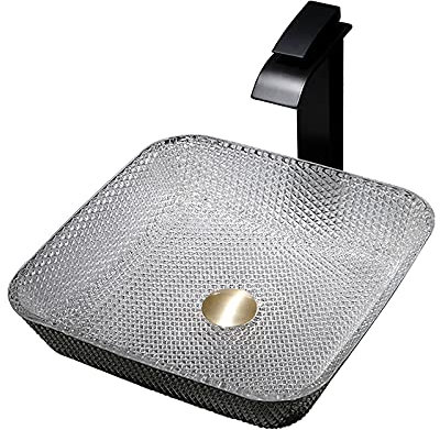 DSeenLeap Badezimmer-Waschbecken, Waschtisch, Glaswaschbecken, Schüssel, quadratisches Aufsatzwaschbecken, Schüssel, Aufsatzwaschbecken, Kunstwaschbecken mit Wasserfall-Wasserhahn