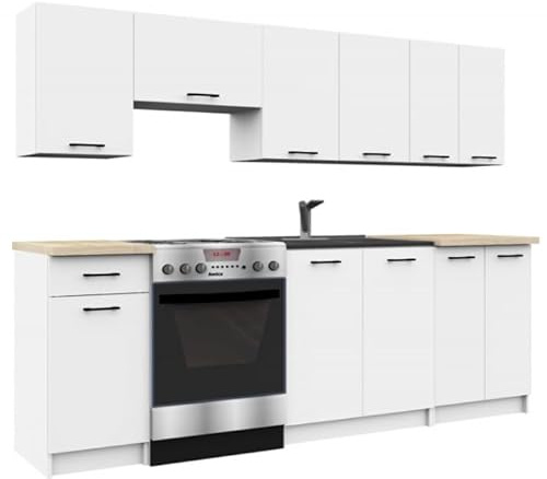 BDW - Küchenzeile ohne Elektrogeräte - Miniküche 240 cm breit - Küche Komplett: Küchenunterschränke & Küchenhängeschränke - 240x203x46 cm - Küchenschränke Weiß