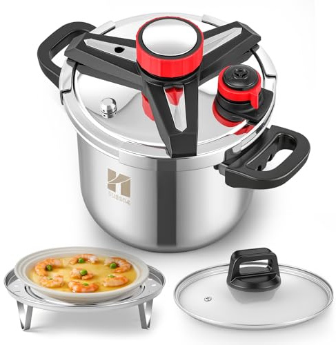 Huanyu Pentola a pressione 3 in 1 da 7 litri in acciaio inossidabile con piastra per cottura a vapore e coperchio in vetro Pentola a pressione antideflagrante adatta a tutti i tipi di fornelli (7 L)
